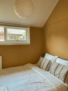 een slaapkamer met een bed, een raam en een kroonluchter bij The Pelican in Schoorldam