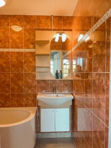 een badkamer met een wastafel, een bad en een spiegel bij The Pelican in Schoorldam