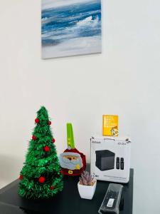 a green christmas tree sitting on a table next to a microwave at Selah Stay in Manolo Fortich +3 photos