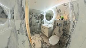 ein Badezimmer mit Toilette, Waschbecken und Spiegel in der Unterkunft Nordic Elegance Villa in Uddevalla + 30 Fotos