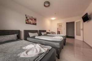 ein Zimmer mit drei Betten und einer Couch und einem Fernseher in der Unterkunft MK Apartments Delmenhorst nähe Bremen 3 in Delmenhorst