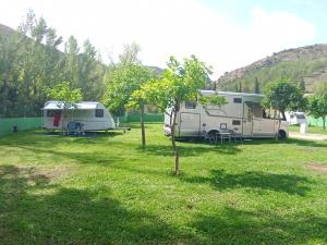 due camper parcheggiati in un campo vicino agli alberi di Camping Las Aguas 