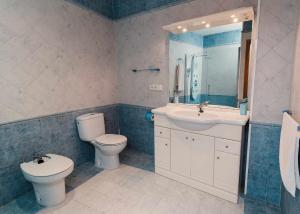 a bathroom with a toilet and a sink and a mirror at Casa rural la Posada ,Terra Alta, Matarraña. in Caseras +19 photos