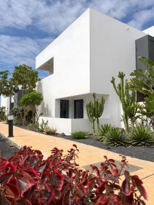 een wit huis met rode planten ervoor bij Casa Mila in Lajares
