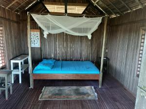 a bed in a wooden room with a mosquito net at La Table d Alexandre Gîte de charme entre mangrove et mer in Hell-Ville