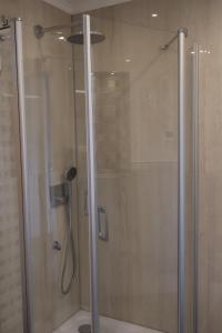 eine Dusche mit Glastür im Badezimmer in der Unterkunft Ferienhaus Kleiner Muck in Glückstadt