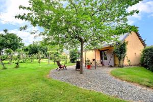 a house with a tree and a bench in a yard at Appart' d'hôtes , ch et gîte au Manoir de la Haute Pilais in Chantepie