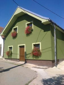 a green building with flower boxes on the windows at Penzion Andrea in Velké Bílovice