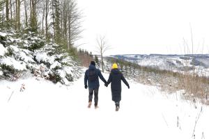 Dos personas caminando por un sendero cubierto de nieve tomadas de la mano en Berghotel Hoher Knochen - Ruhe & Natur, en Winterberg