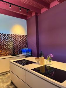 eine Küche mit violetten Wänden und einem Herd in der Unterkunft Groepsaccommodatie De Landerij in Scherpenzeel