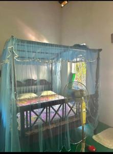 une chambre avec un lit avec moustiquaire dans l'établissement Brenley B Bungalow, à Talalla South