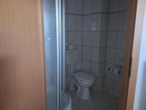 a small bathroom with a toilet and a shower at Hotel & Restaurant Hasa in Gernrode - Harz