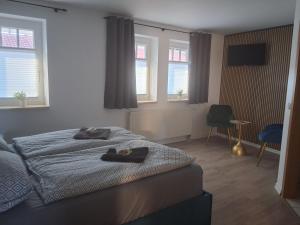 a bedroom with a bed and two windows at Hotel & Restaurant Hasa in Gernrode - Harz