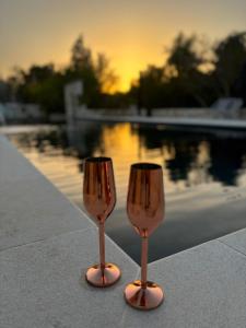 Twee wijnglazen staan naast een wateroppervlak. bij B&b Aurasia in Ostuni