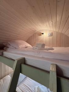 a couple of beds in a small room at Żuławska Zielona Przystań, całoroczny domek na kołach Sikorka in Izbiska