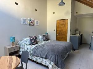 a bedroom with a bed and a wooden door at Hostal Mac in Chillán