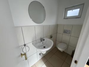 een badkamer met een wastafel, een toilet en een spiegel bij Humboldt Garden in La Orotava