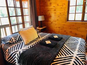Bett in einem Holzzimmer mit zwei Kissen darauf in der Unterkunft Lake Cabin in Olifantshoek
