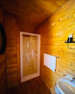 ein Badezimmer mit Dusche, Waschbecken und Spiegel in der Unterkunft Lake Cabin in Olifantshoek