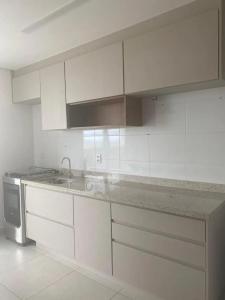 een keuken met witte kasten, een wastafel en een fornuis bij Jardins Mangueiral in Brasilia +1 foto