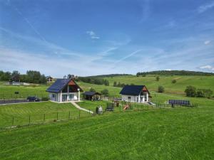 a large green field with two houses on a hill at Lackowa Chill and Rest domki z balią Krynica Zdrój in Krynica Zdrój