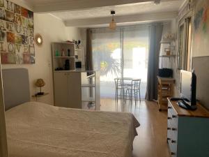 une chambre avec un lit, une table et une télévision dans l'établissement Studio indépendant chez Pascale, à Saint-Clément-de-Rivière 18 autres photos