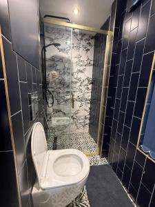 een badkamer met een toilet en een douche bij Marble Black Deluxe in Gloucestershire