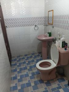 een badkamer met een roze toilet en een wastafel bij Amatamata in Malindi +18 foto's