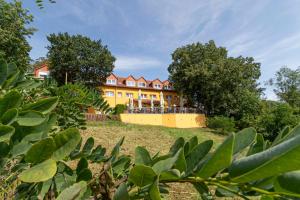 ein großes gelbes Haus auf einem Hügel mit Bäumen in der Unterkunft Hotel-Restaurant Weinberg in Artern