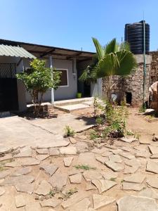 een stenen terras voor een huis met een palmboom bij Amatamata in Malindi