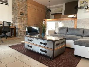 una sala de estar con un sofá y una mesa en Appartement Bayonnais, au cœur de la verdure, en Bayona