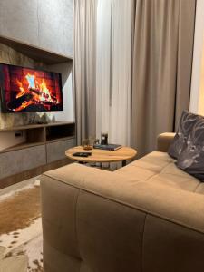 un salon avec un canapé et une télévision dans l'établissement Apartmens in Kopaonik, à Kopaonik