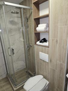 La salle de bains est pourvue d'une douche, de toilettes et de serviettes. dans l'établissement Apartmens in Kopaonik, à Kopaonik