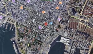 eine Karte einer Stadt mit Straßen und Gebäuden in der Unterkunft Moderne og møblert 2-roms leilighet i hjertet av Oslo in Oslo