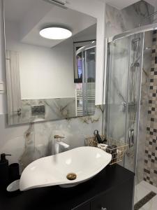 a bathroom with a white sink and a shower at Studio Nicolas in Lugoj