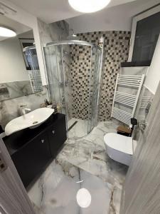 a bathroom with a sink and a shower and a toilet at Studio Nicolas in Lugoj +4 photos