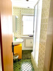 a small bathroom with a sink and a window at FeWo Alpsee Hornweg in Immenstadt im Allgäu