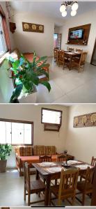 two pictures of a dining room with tables and chairs at Casas e suites Temporada Tiradentes in Tiradentes