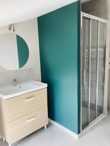 een badkamer met een wastafel en een spiegel bij Gîte Un Toit Pour Vous in Les Épesses