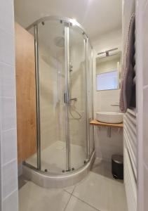 ein Badezimmer mit Dusche und Waschbecken in der Unterkunft O p'tit nid à bulles in Létricourt + 6 Fotos