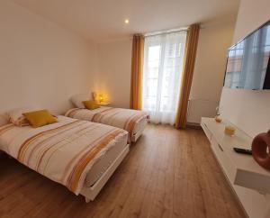 ein Schlafzimmer mit zwei Betten und einem Fernseher und einem Fenster in der Unterkunft O p'tit nid à bulles in Létricourt
