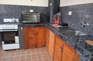 una cucina con lavandino, piano cottura e forno a microonde di Hostel Lagos del Sur a El Chalten Altre 3 foto
