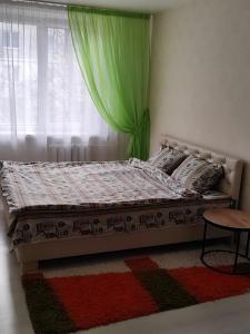 een bed in een slaapkamer met een groen gordijn bij Квартира в центре города Тирасполь in Crăsnăşeni