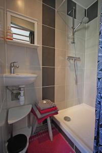 een kleine badkamer met een wastafel en een douche bij La Roulotte d'Arthur in Sercoeur