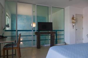 メリダにあるCASA MINERVA MERIDAのベッドとテレビ付きの机のある寝室