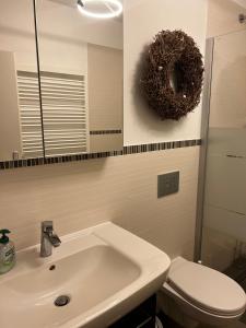 une salle de bains avec lavabo, toilettes et miroir dans l'établissement Mühlenblick, à Brunshaupten 7 autres photos