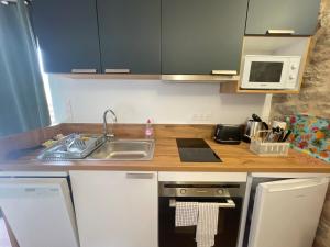 eine Küchentheke mit Spüle und Mikrowelle in der Unterkunft Kervel - Cocon Breton avec WiFi et Parking in Locronan + 2 Fotos