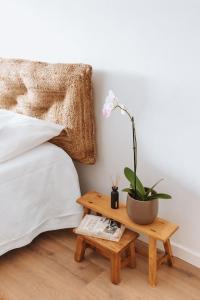 a table with a plant on it next to a bed at Chão do Ribeirinho Country House in Atalaia +42 photos