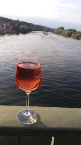 un verre de vin assis sur une corniche à côté de l'eau dans l'établissement Gasthof rotes Roß, 