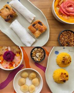 una tavola con piatti e ciotole di cibo di Chalé Floresta Amada a Ouro Preto